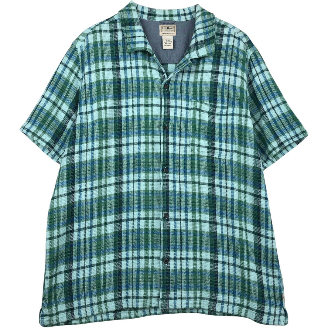 90s-00'S LLBean Check Pattern Short-Sleeve Open Collar Cotton Shirt, Boxy Fit, Men's Size XL (approx.) cotton green type Vintage Second Hand