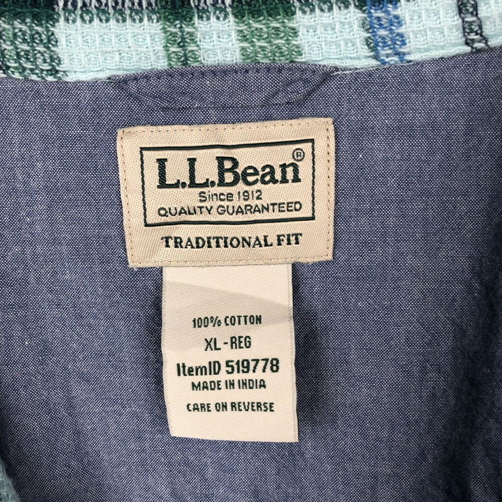 90s-00'S LLBean Check Pattern Short-Sleeve Open Collar Cotton Shirt, Boxy Fit, Men's Size XL (approx.) cotton green type Vintage Second Hand