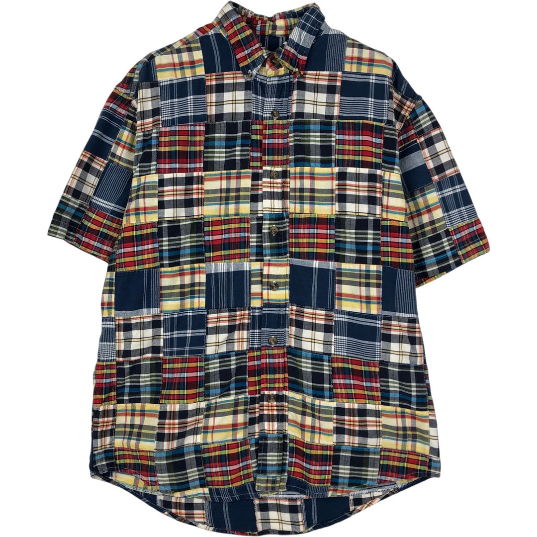 Eddie Bauer patchwork short-sleeved button-down check shirt, men's size M. cotton navy blue type Vintage Second Hand