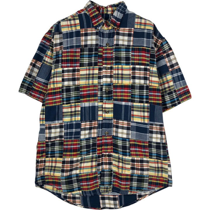 Eddie Bauer patchwork short-sleeved button-down check shirt, men's size M. cotton navy blue type Vintage Second Hand