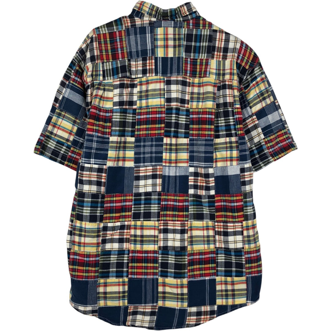 Eddie Bauer patchwork short-sleeved button-down check shirt, men's size M. cotton navy blue type Vintage Second Hand
