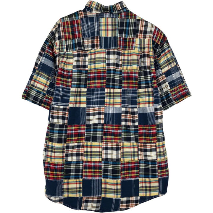 Eddie Bauer patchwork short-sleeved button-down check shirt, men's size M. cotton navy blue type Vintage Second Hand