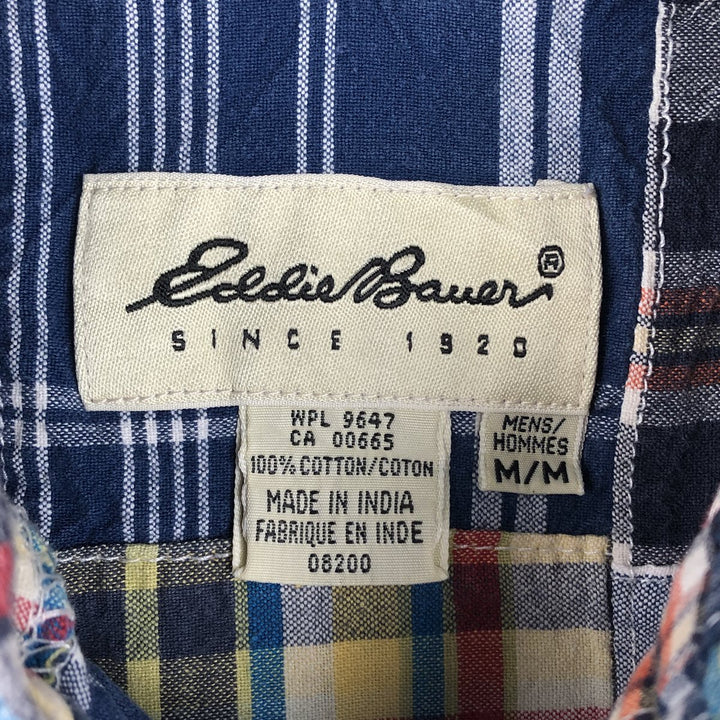 Eddie Bauer patchwork short-sleeved button-down check shirt, men's size M. cotton navy blue type Vintage Second Hand