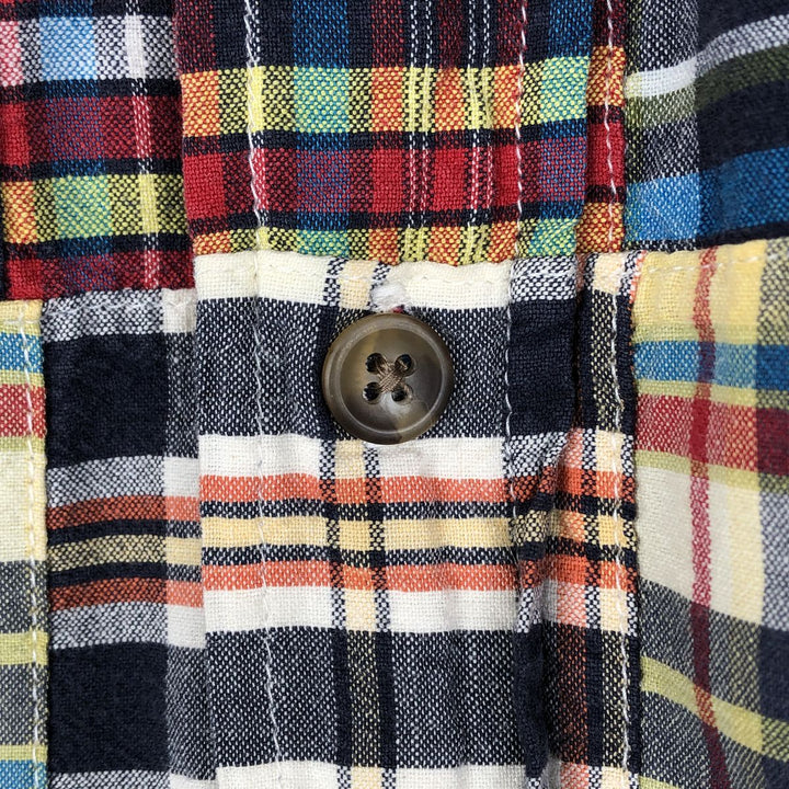 Eddie Bauer patchwork short-sleeved button-down check shirt, men's size M. cotton navy blue type Vintage Second Hand
