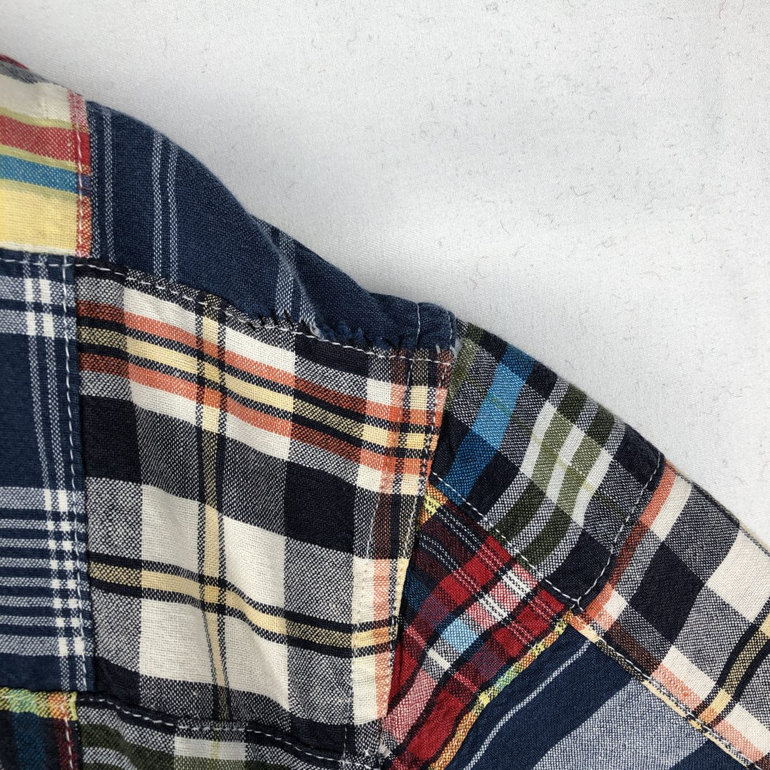 Eddie Bauer patchwork short-sleeved button-down check shirt, men's size M. cotton navy blue type Vintage Second Hand