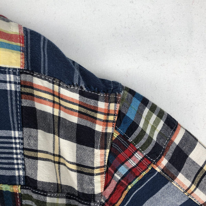 Eddie Bauer patchwork short-sleeved button-down check shirt, men's size M. cotton navy blue type Vintage Second Hand