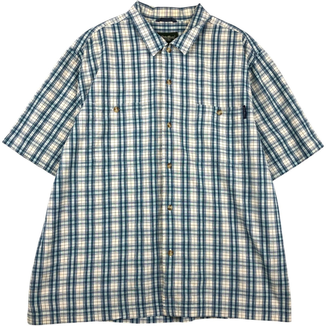 80s-90'S Eddie Bauer Short-Sleeve Cotton Check Shirt, Boxy Shirt, Men's Size XL (Equivalent) Vintage cotton blue type Vintage Second Hand