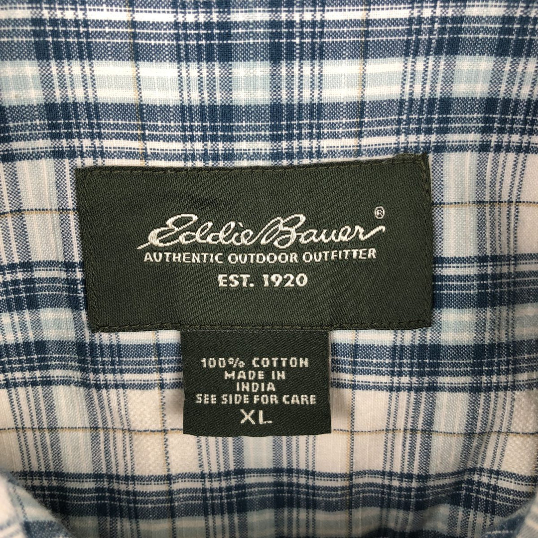 80s-90'S Eddie Bauer Short-Sleeve Cotton Check Shirt, Boxy Shirt, Men's Size XL (Equivalent) Vintage cotton blue type Vintage Second Hand