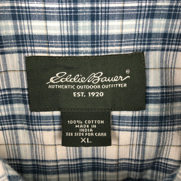 80s-90'S Eddie Bauer Short-Sleeve Cotton Check Shirt, Boxy Shirt, Men's Size XL (Equivalent) Vintage cotton blue type Vintage Second Hand