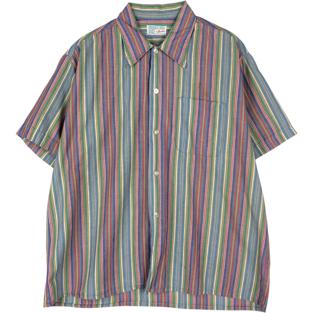 1970'S Donlin Multi-Stripe Short-Sleeve Polyester x Cotton Striped Shirt, Boxy Shirt, Men's Size L (Equivalent), Vintage cotton blue type Vintage Second Hand
