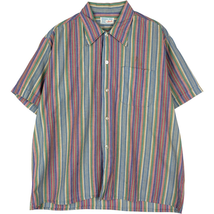 1970'S Donlin Multi-Stripe Short-Sleeve Polyester x Cotton Striped Shirt, Boxy Shirt, Men's Size L (Equivalent), Vintage cotton blue type Vintage Second Hand