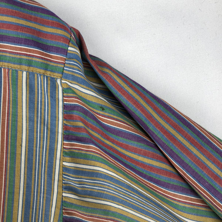 1970'S Donlin Multi-Stripe Short-Sleeve Polyester x Cotton Striped Shirt, Boxy Shirt, Men's Size L (Equivalent), Vintage cotton blue type Vintage Second Hand