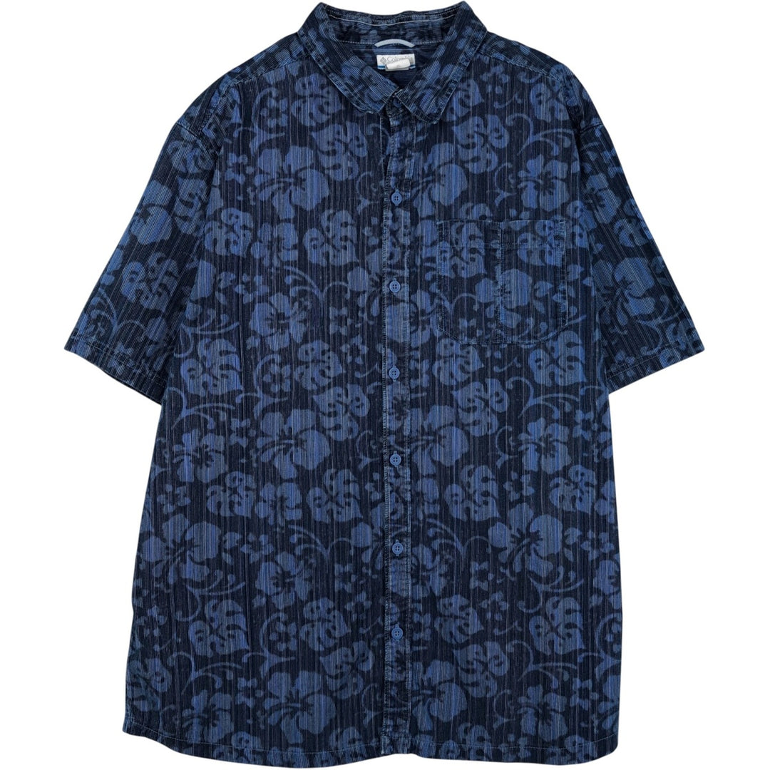 Columbia all-over floral print short-sleeved cotton shirt, boxy fit, men's size XL. cotton Navy blue Vintage Second Hand