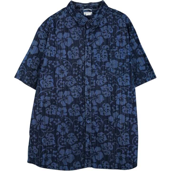 Columbia all-over floral print short-sleeved cotton shirt, boxy fit, men's size XL. cotton Navy blue Vintage Second Hand