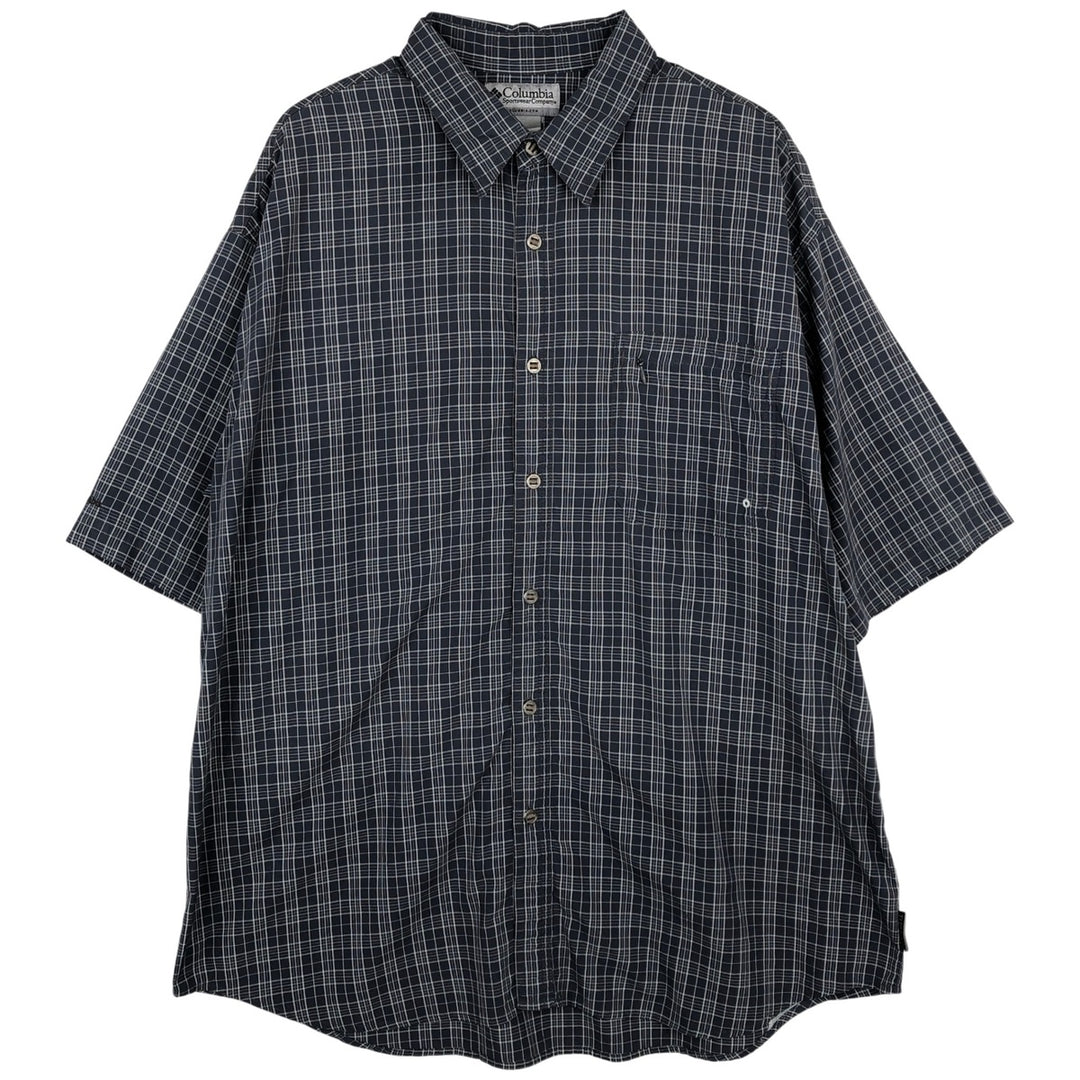 Columbia Titanium Check Pattern Short-Sleeve Nylon Shirt, Men's Size XL (approx.) Nylon navy blue type Vintage Second Hand