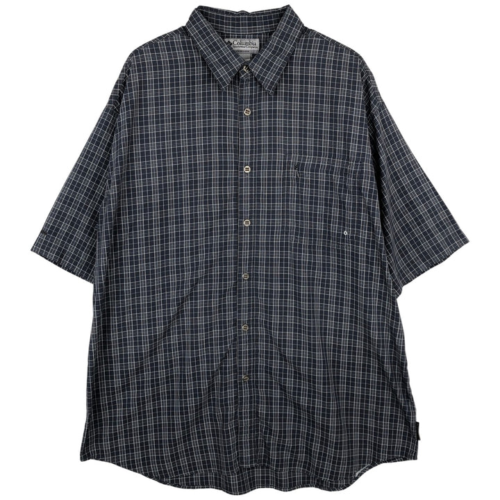 Columbia Titanium Check Pattern Short-Sleeve Nylon Shirt, Men's Size XL (approx.) Nylon navy blue type Vintage Second Hand