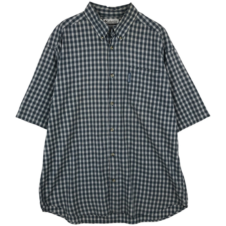 00'S Columbia Short Sleeve Button Down Check Shirt Men's XL cotton navy blue type Vintage Second Hand