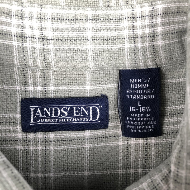 ~2000'S Lands' End Short-Sleeve Cotton Check Shirt, Men's Size L (approx.) cotton green type yellow green Vintage Second Hand