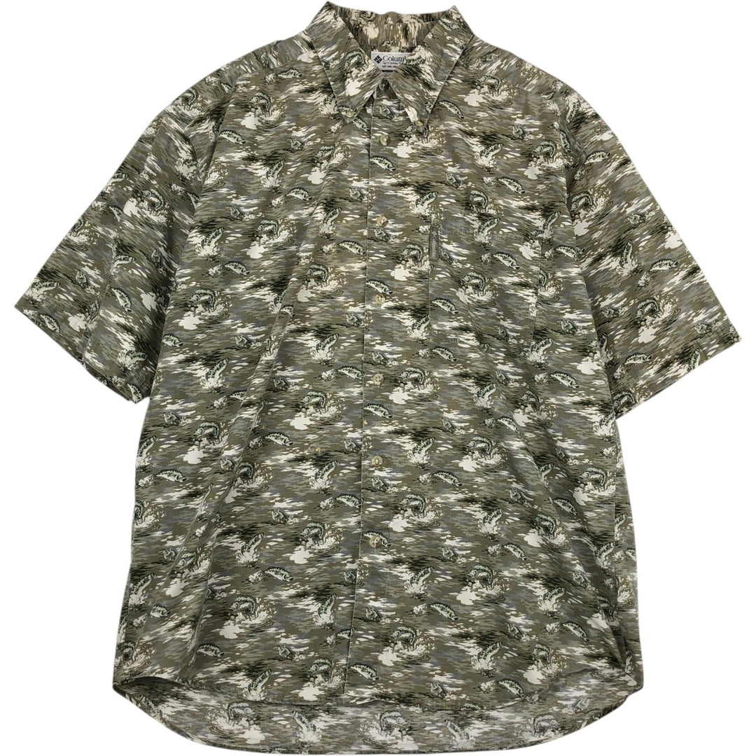 90s-00'S Columbia all-over fish print short-sleeved button-down shirt, men's size L (approx.) cotton Khaki type Vintage Second Hand