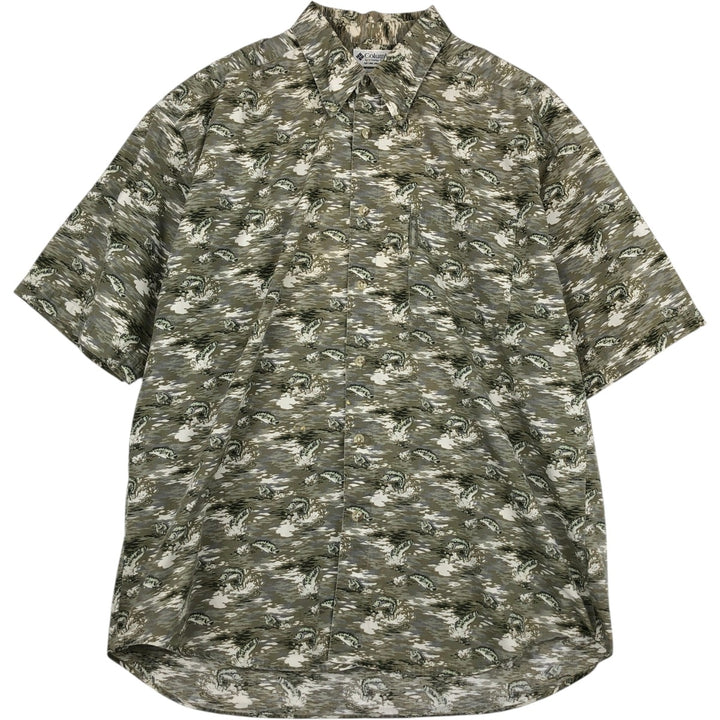 90s-00'S Columbia all-over fish print short-sleeved button-down shirt, men's size L (approx.) cotton Khaki type Vintage Second Hand