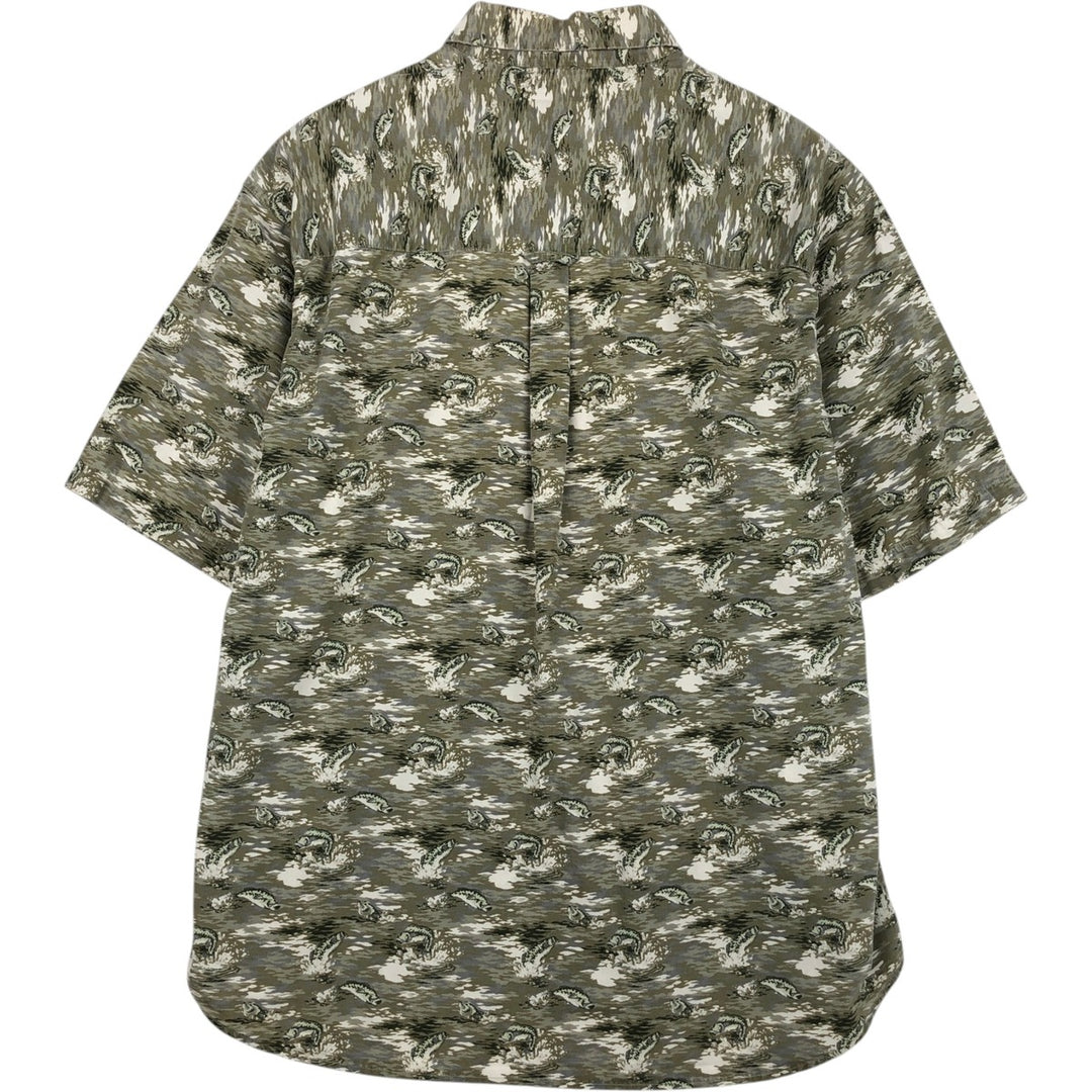 90s-00'S Columbia all-over fish print short-sleeved button-down shirt, men's size L (approx.) cotton Khaki type Vintage Second Hand
