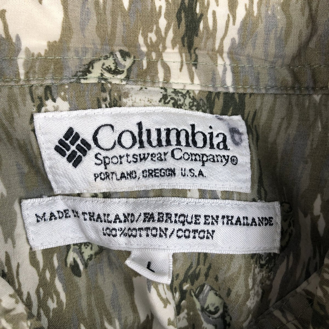 90s-00'S Columbia all-over fish print short-sleeved button-down shirt, men's size L (approx.) cotton Khaki type Vintage Second Hand