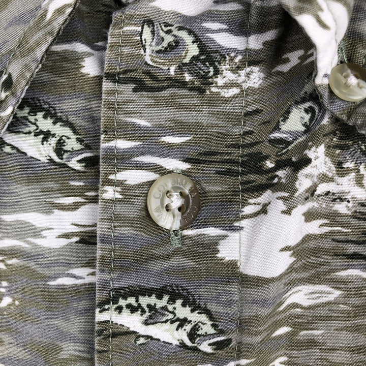 90s-00'S Columbia all-over fish print short-sleeved button-down shirt, men's size L (approx.) cotton Khaki type Vintage Second Hand