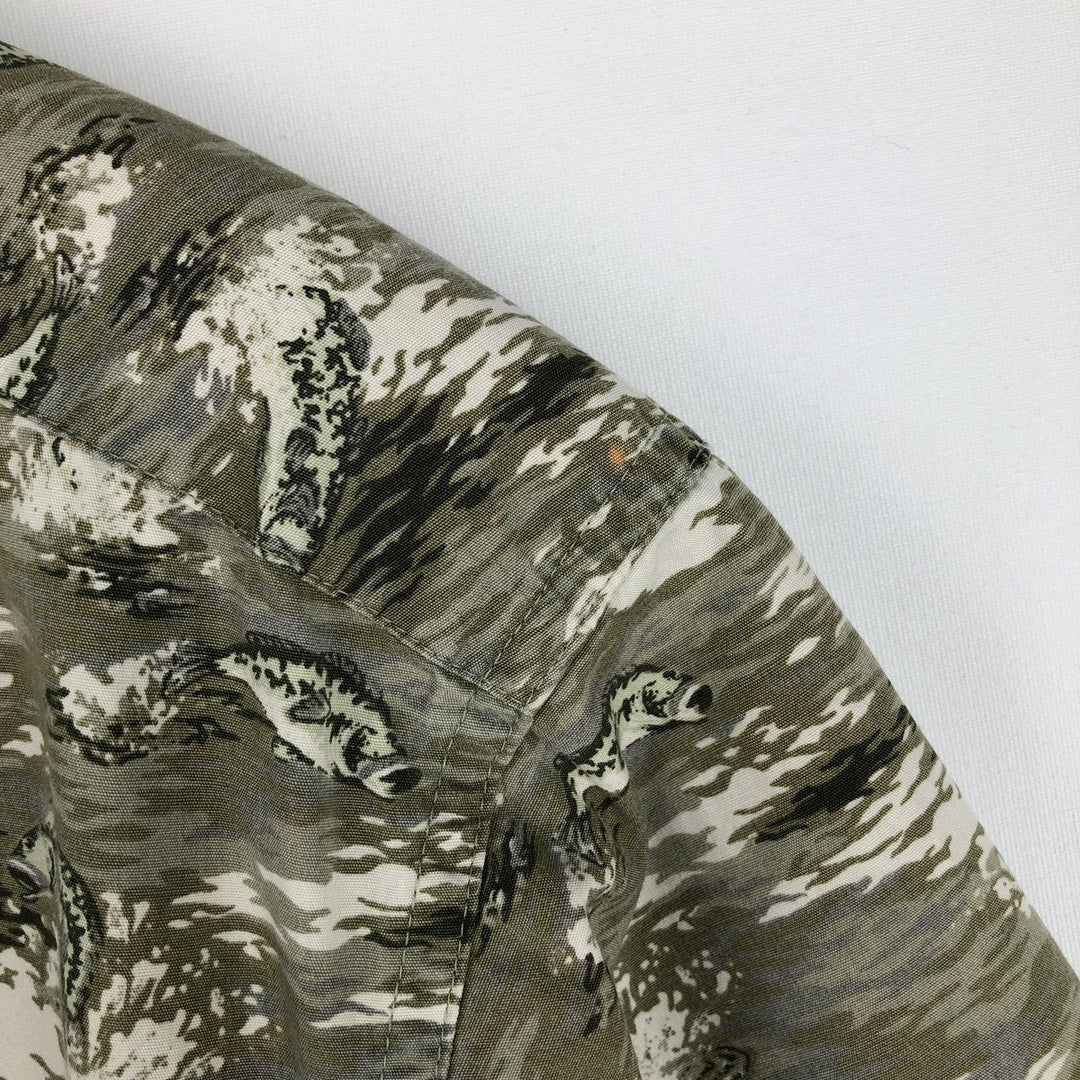 90s-00'S Columbia all-over fish print short-sleeved button-down shirt, men's size L (approx.) cotton Khaki type Vintage Second Hand