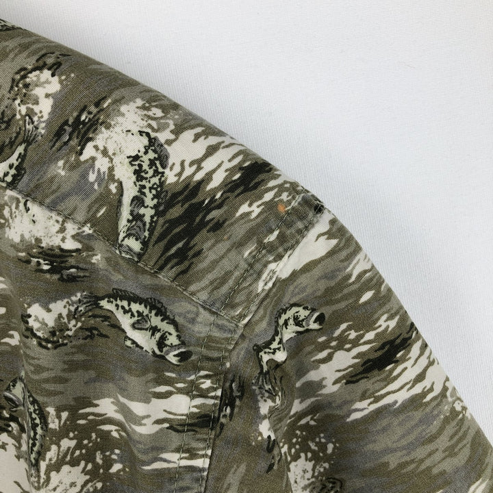 90s-00'S Columbia all-over fish print short-sleeved button-down shirt, men's size L (approx.) cotton Khaki type Vintage Second Hand