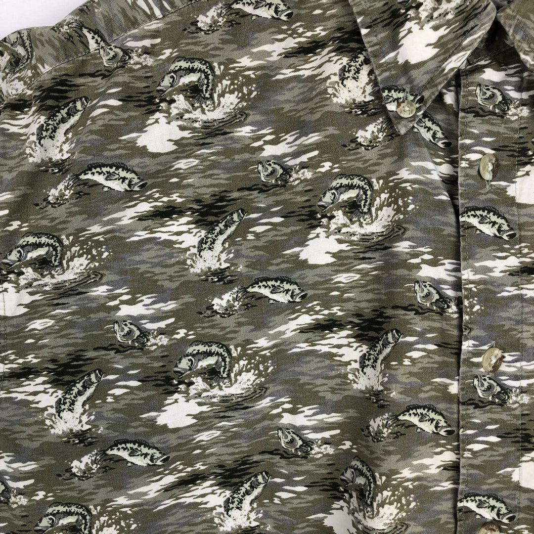 90s-00'S Columbia all-over fish print short-sleeved button-down shirt, men's size L (approx.) cotton Khaki type Vintage Second Hand