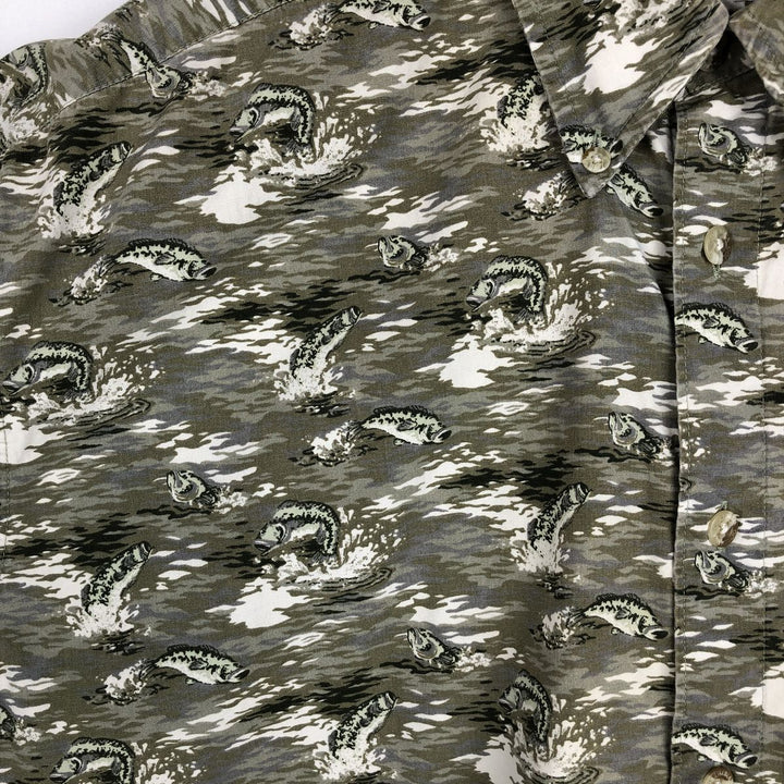 90s-00'S Columbia all-over fish print short-sleeved button-down shirt, men's size L (approx.) cotton Khaki type Vintage Second Hand