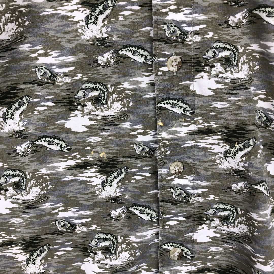 90s-00'S Columbia all-over fish print short-sleeved button-down shirt, men's size L (approx.) cotton Khaki type Vintage Second Hand