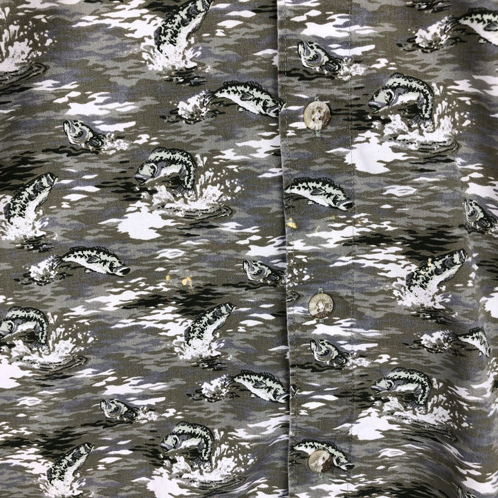 90s-00'S Columbia all-over fish print short-sleeved button-down shirt, men's size L (approx.) cotton Khaki type Vintage Second Hand