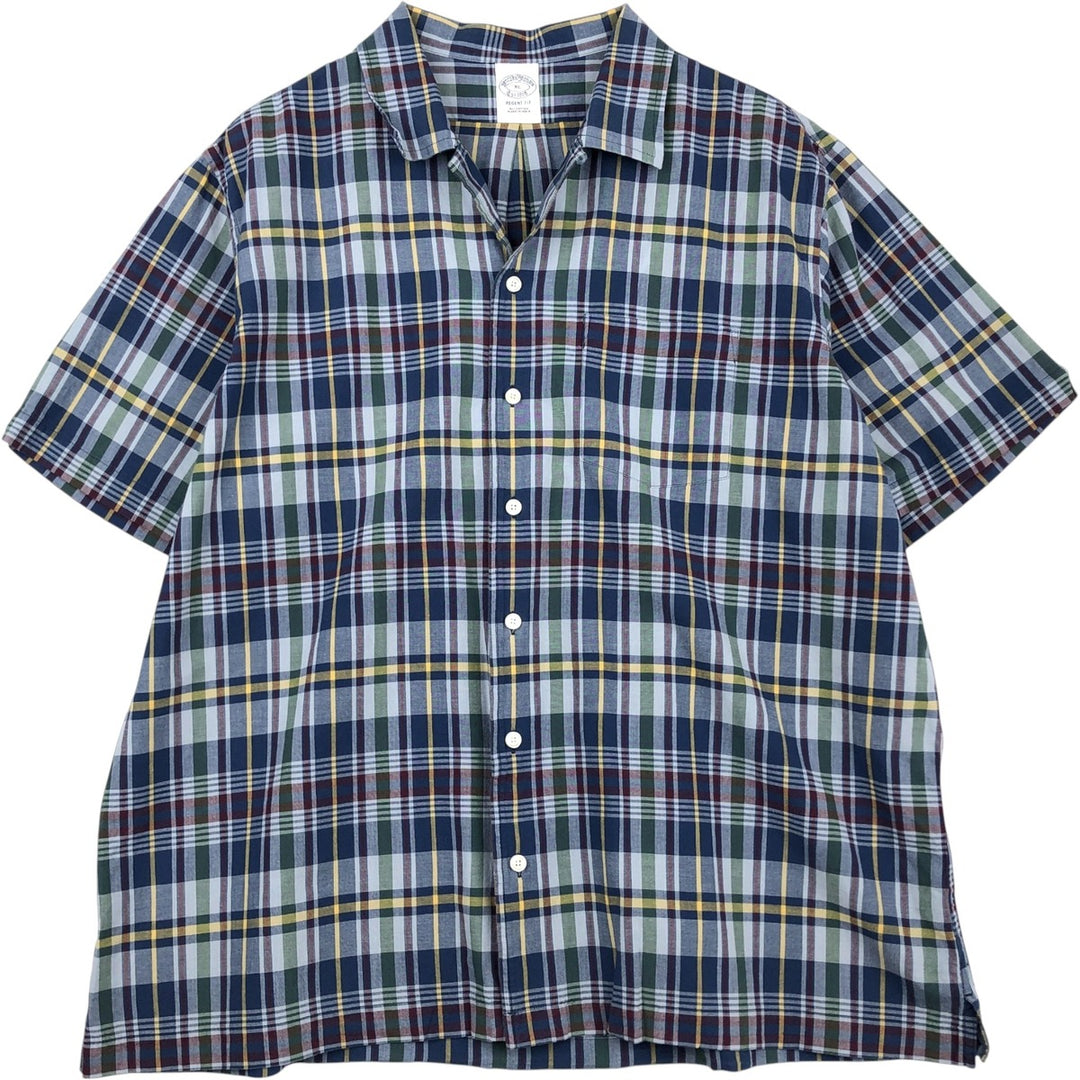 Brooks Brothers Est.1818 Check Pattern Short-Sleeve Open Collar Cotton Shirt, Boxy Shirt, Men's Size XL (approx.) cotton blue type Vintage Second Hand