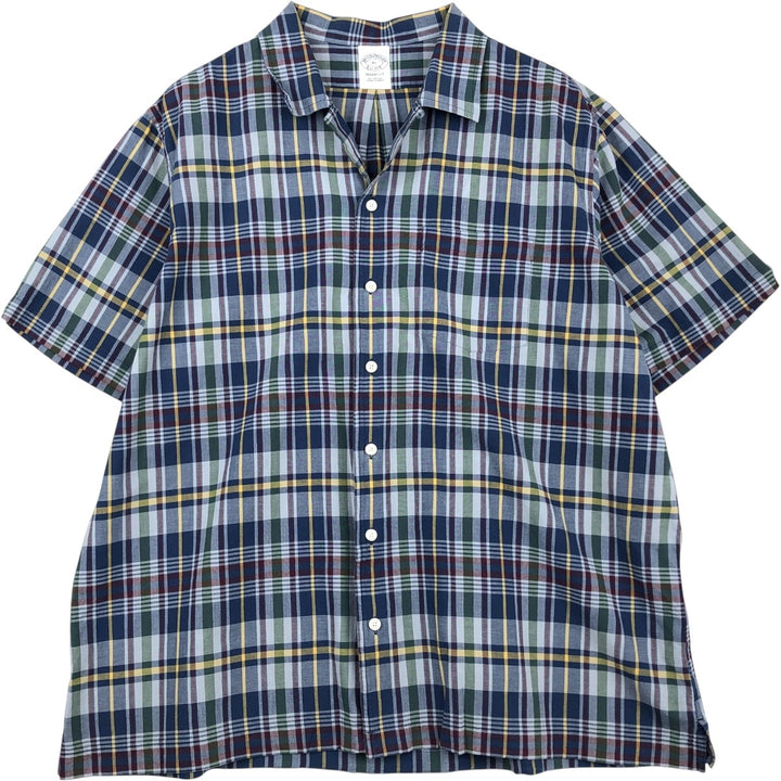 Brooks Brothers Est.1818 Check Pattern Short-Sleeve Open Collar Cotton Shirt, Boxy Shirt, Men's Size XL (approx.) cotton blue type Vintage Second Hand