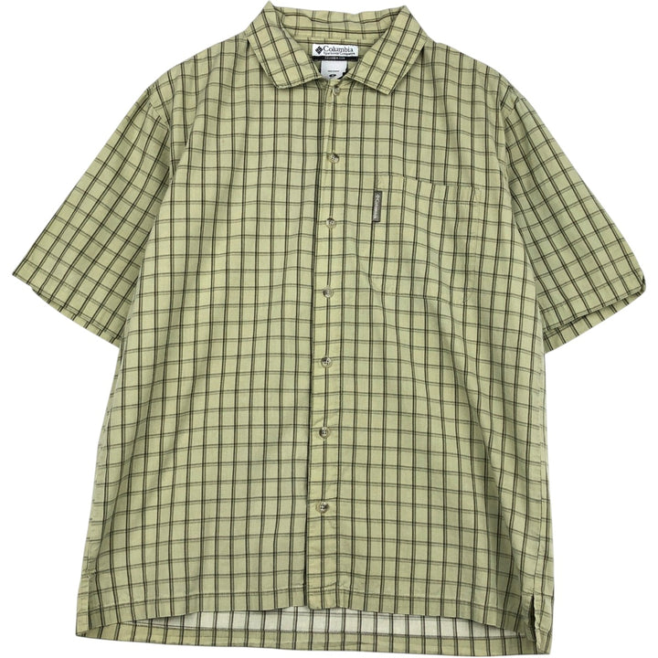 2000'S Columbia Wide Collar Short-Sleeve Cotton Check Shirt, Boxy Shirt, Men's Size M (approx.) cotton Khaki type sage green Vintage Second Hand