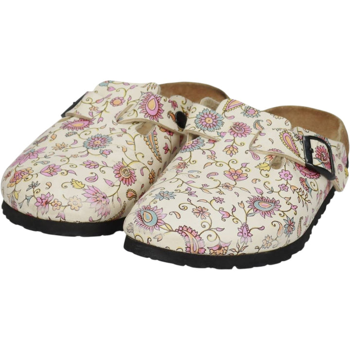 Birkenstock Boston clog sandals, all-over floral print, made in Germany, size 38 Women's 25.0cm genuine leather pale white type Vintage Second Hand