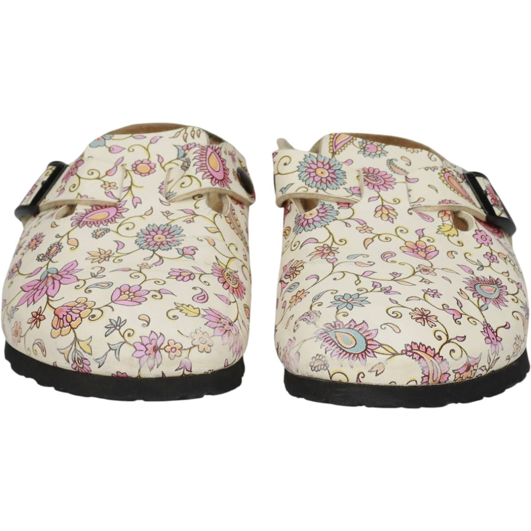Birkenstock Boston clog sandals, all-over floral print, made in Germany, size 38 Women's 25.0cm genuine leather pale white type Vintage Second Hand