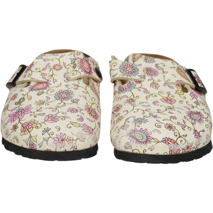 Birkenstock Boston clog sandals, all-over floral print, made in Germany, size 38 Women's 25.0cm genuine leather pale white type Vintage Second Hand