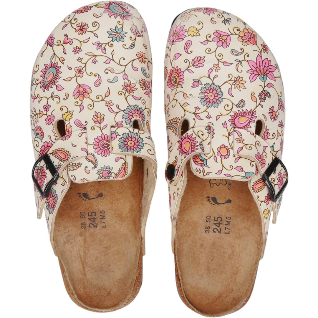 Birkenstock Boston clog sandals, all-over floral print, made in Germany, size 38 Women's 25.0cm genuine leather pale white type Vintage Second Hand