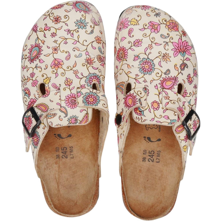 Birkenstock Boston clog sandals, all-over floral print, made in Germany, size 38 Women's 25.0cm genuine leather pale white type Vintage Second Hand