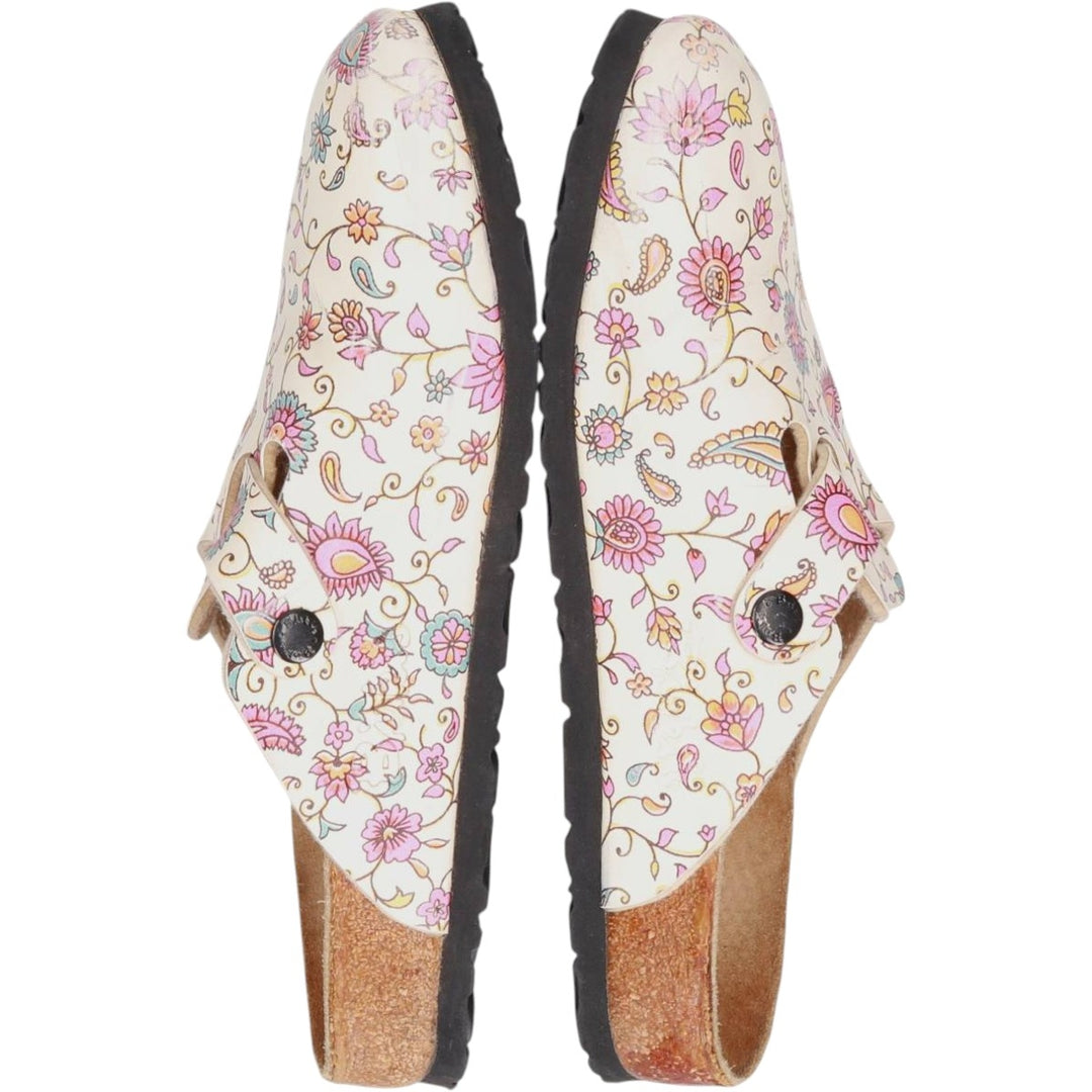 Birkenstock Boston clog sandals, all-over floral print, made in Germany, size 38 Women's 25.0cm genuine leather pale white type Vintage Second Hand
