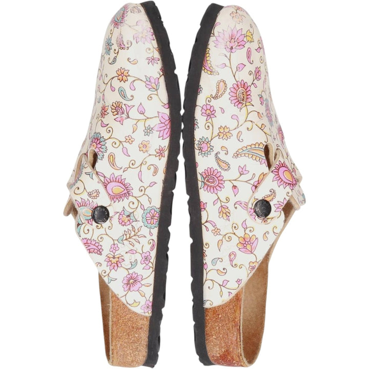 Birkenstock Boston clog sandals, all-over floral print, made in Germany, size 38 Women's 25.0cm genuine leather pale white type Vintage Second Hand