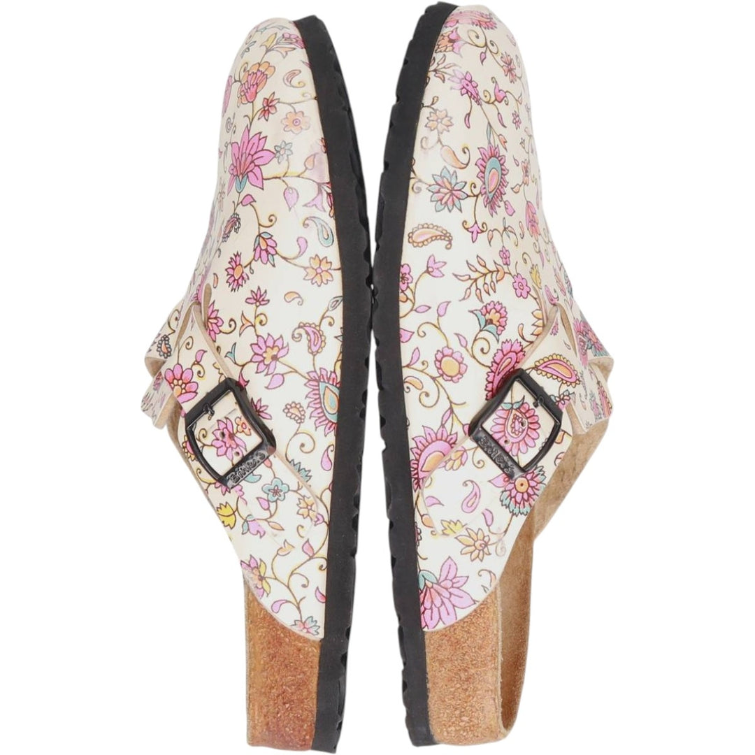 Birkenstock Boston clog sandals, all-over floral print, made in Germany, size 38 Women's 25.0cm genuine leather pale white type Vintage Second Hand