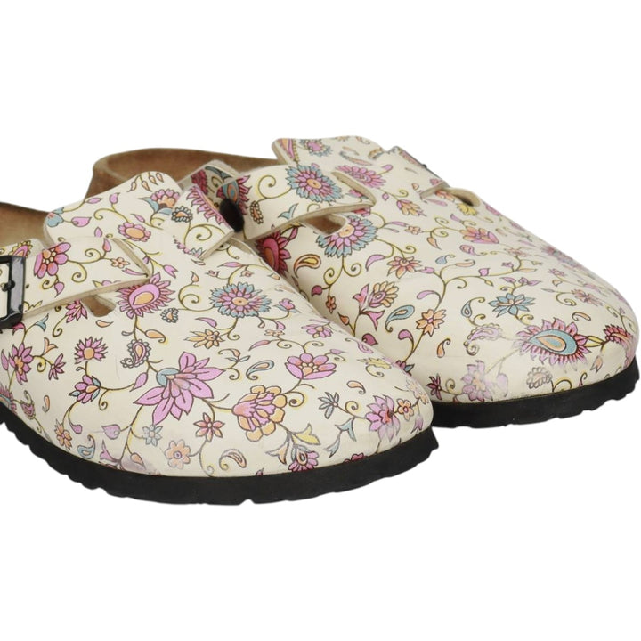 Birkenstock Boston clog sandals, all-over floral print, made in Germany, size 38 Women's 25.0cm genuine leather pale white type Vintage Second Hand