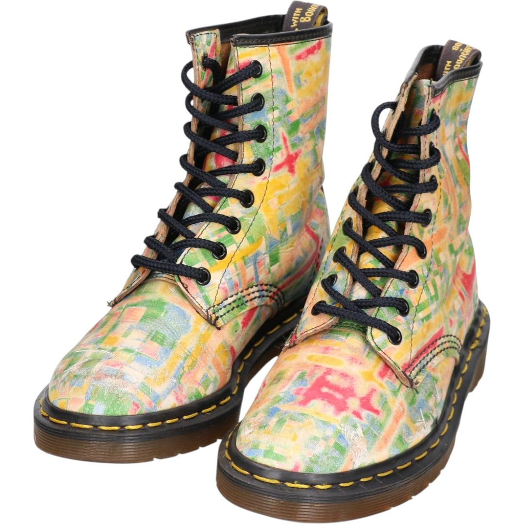 Dr. Martens all-over print 8-eye boots, Made in England, Size 4 Women's 23.0cm genuine leather green type Vintage Second Hand