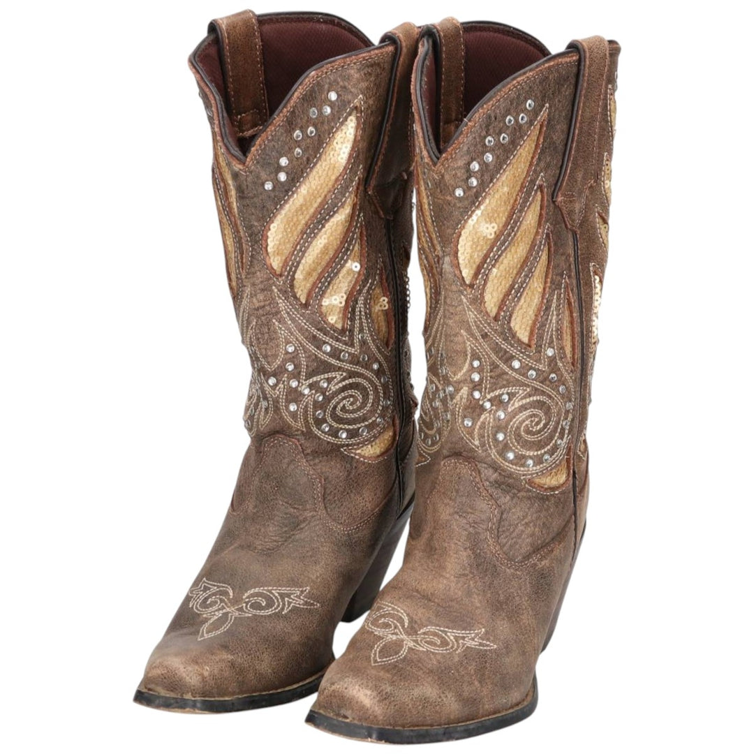 Durango all-over square-toe western boots with rhinestones and sequins, size 8M Women's 25.0cm genuine leather brown type Vintage Second Hand