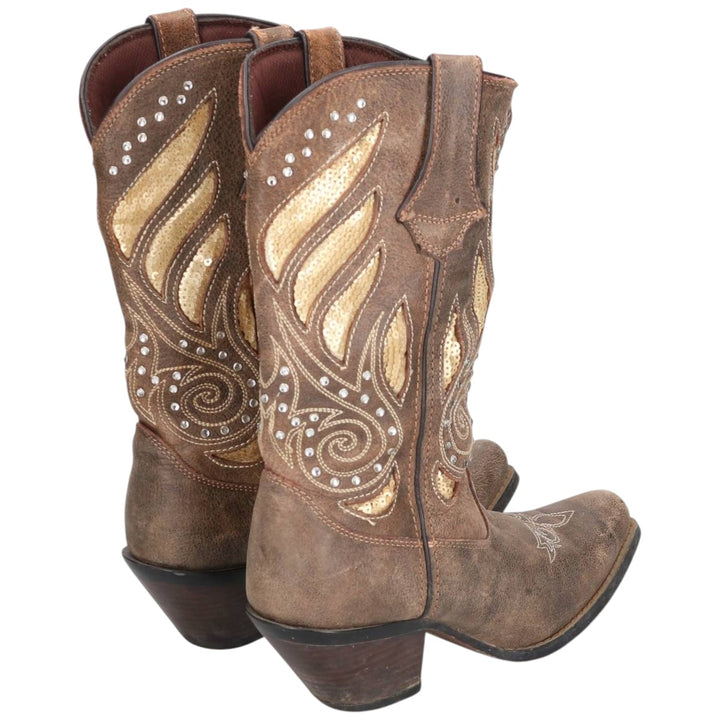 Durango all-over square-toe western boots with rhinestones and sequins, size 8M Women's 25.0cm genuine leather brown type Vintage Second Hand