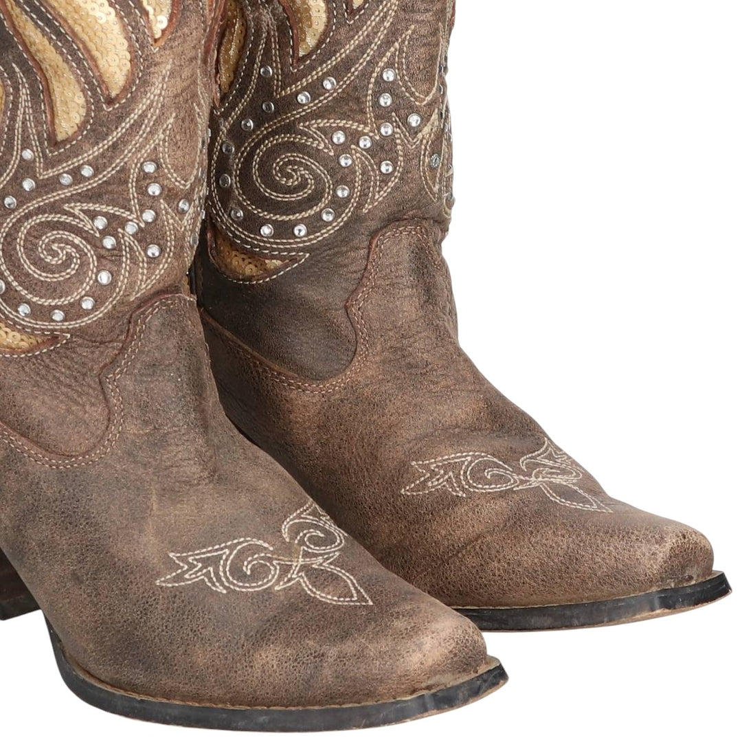 Durango all-over square-toe western boots with rhinestones and sequins, size 8M Women's 25.0cm genuine leather brown type Vintage Second Hand