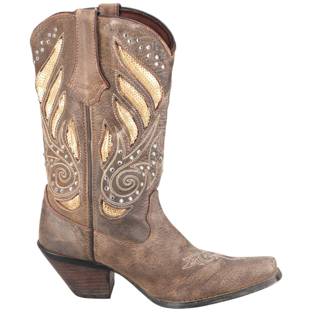 Durango all-over square-toe western boots with rhinestones and sequins, size 8M Women's 25.0cm genuine leather brown type Vintage Second Hand